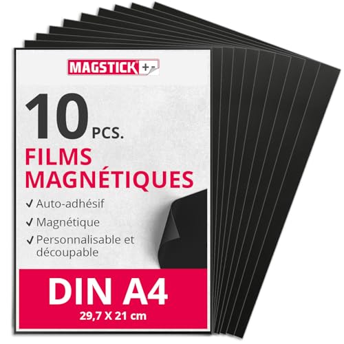 Magstick Film Magnétique 10 Pièces | DIN A4 | Film Magnétique Auto-adhésif Flexible Découpable | Adhésif Magnétique pour Bricolage Organisation...