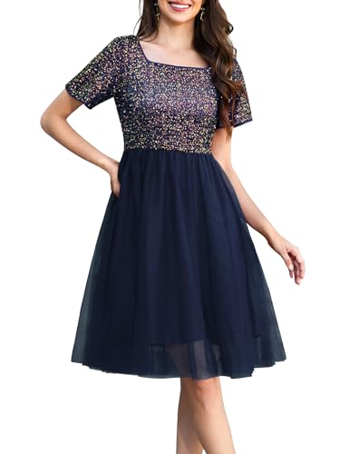 MuaDress Vestido de tul formal de manga corta con cuello cuadrado para mujer, para cóctel, fiesta, cóctel, fiesta, vestido de tul, azul marino, L