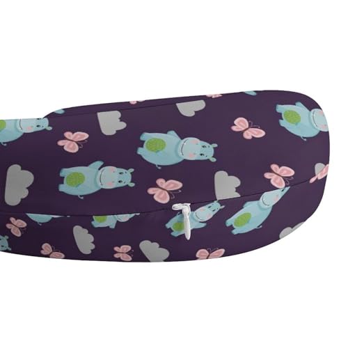 Image of Memory Foam Travel Pillow Chin Head Support Cushion Lovely Hippo, Washable Removable Cover for Airplane Car Outdoor Sleep