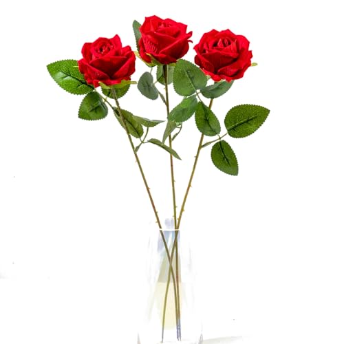 WillingYou バラ 造花 3本入 ローズ レッド 花径7×L52cm