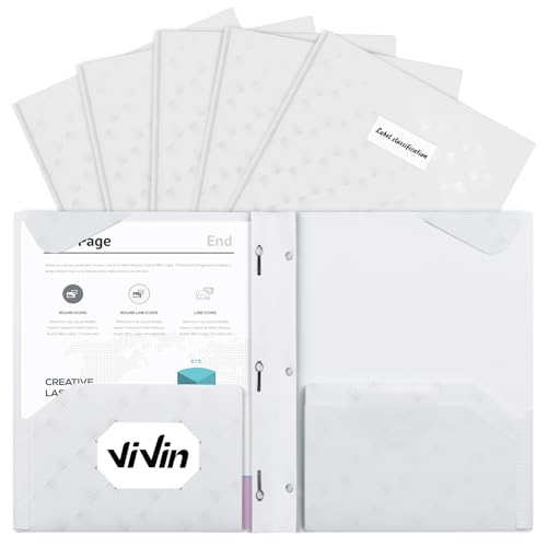 ViVin Plastic Folders with Pockets and Prongs, Heavy Duty 3 Prong Folders with Labels and Interior Pocket, 2 Pocket Portfolio for School, Office, and Home, 8.5 * 11 Letter Size (White)