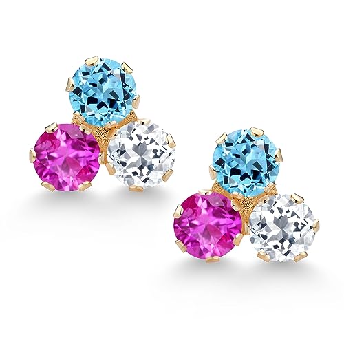 Gem Stone King 14K Yellow Gold Customized and Personalized 3MM Round Gemstone Birthstone Trio 3 Stone Stud Earrings For Women | Fine Jewelry Gifts for Her Mom Women Wife3