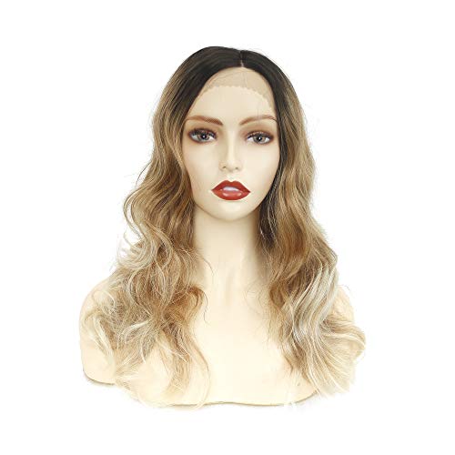Ombre Blonde Wavy Lace Front Synthetic Wig Long Curly Wigs for Women, 3 Tone Dark Root to 27# Blonde to 613# Heat Resistant Fiber L Side Parting Wig(16inches, Ombre Brown Blonde)…