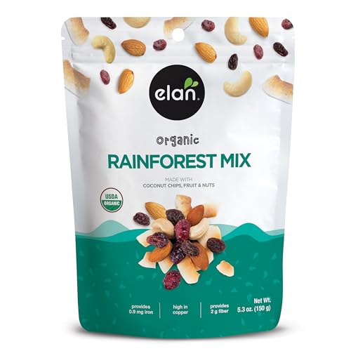 Elan 805509083215 Organic Rainforest Mix, 5.3 Oz, Healthy Snacks, Dried Fruits (Raisins, Coconut, Dried Cranberries), Nuts (Roasted Cashews, Roasted Almonds), Non-Gmo, Gluten-Free, Vegan cover