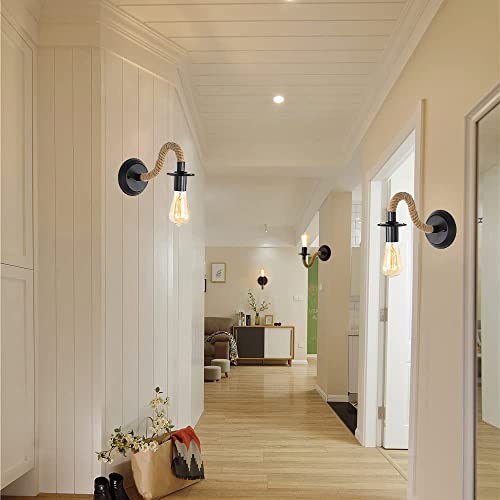 2Packs Applique Murale Vintage, Lampe Murale Corde de Chanvre, E27 Rétro Applique Murale Interieur pour Couloir Loft Chambre Café Bar (sans Ampoule) - Image 5