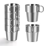 4-Pack Stainless Steel Camping Cups with Foldable Handle, 10 oz Camping Coffee Mugs with Double Wall Design, Ideal for Outdoor Activities, Travel, and Home Use