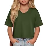 LessonZoo Girls Athletic Oversized Crop Shirt Drop Shoulder V Neck Short Sleeve T-Shirt Casual Loose Summer Workout Basic Tee(Olive Green,7-8years)