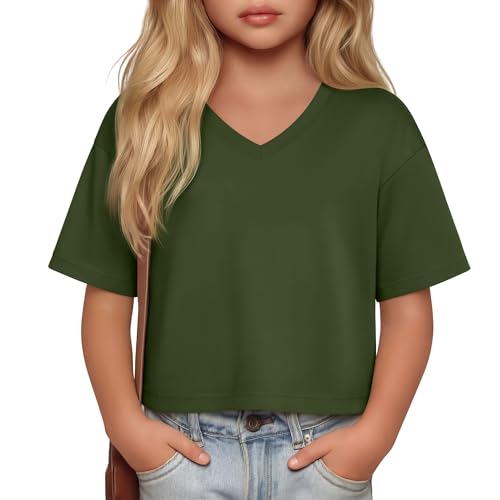 LessonZoo Girls Athletic Oversized Crop Shirt Drop Shoulder V Neck Short Sleeve T-Shirt Casual Loose Summer Workout Basic Tee(Olive Green,7-8years)