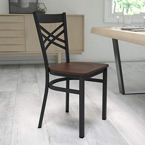 Image of Flash Furniture HERCULES Series Black ''X'' Back Metal Restaurant Chair - Mahogany Wood Seat