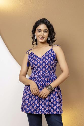 Image of Women's Printed Halter Neck Kurti Top | Sleeveless V-Neck Short Tunic with Back Tie-Up | Casual Ethnic & Summer Wear