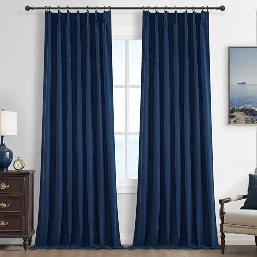 Image of QJmydeco Navy Blue Blackout Curtains 96 Inch Length for Kids /Boys Rooms /Bedroom, Pinch Pleated Drapes with Hooks Viral Linen Thermal Coastal Curtain Dark Blue Window Burg (40 inch Wx96 Lx 2 Panels)