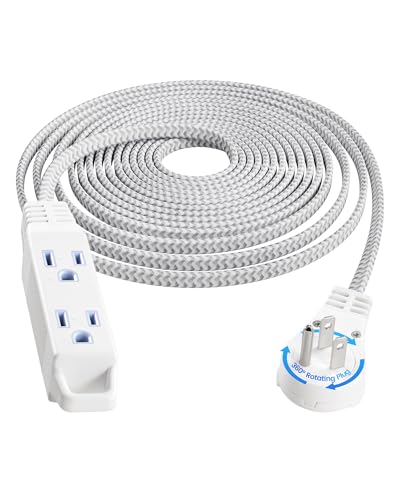 SURAIELEC 20FT 360 Rotating Flat Plug Extension Cord Flat Wall Plug with 3 Outlets Braided Flat White Extension Cord for Indoor Use Small Space 16/3C SPT ETL Listed