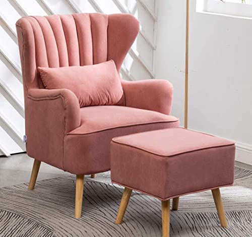 Image of Velvet Wingback Chair with Ottoman & Cushion Pillow | Upholstered Accent Lounge Chair with Foot Rest | Modern High Back Arm Chair for Living Room Bedroom, Office | Wooden Legs | Pink