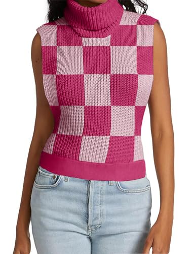 Image of Womens Sleeveless Sweater Vest Turtleneck Ribbed Knit Tank Tops Basic Slim Fit Top