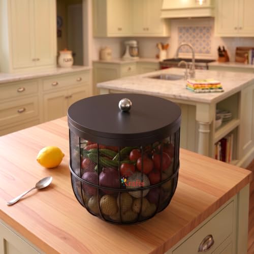 Image of Decorative Net (Jaali) Design Fruit and Vegetables Basket with Natural Wooden Lid | Premium Insect Resistant Storage Organizer for Home and Kitchen - Black