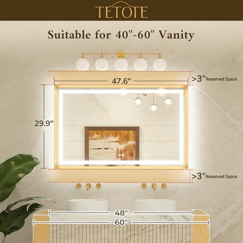 TETOTE 48 x 30 Large Bathroom Mirror Brushed Black Metal Frame Frontlit & Backlit Vanity Mirror 3 Colors White/Warm/Natural Stepless Dimmable Anti-Fog Bathroom Mirrors for Vanity Wall-Mounted