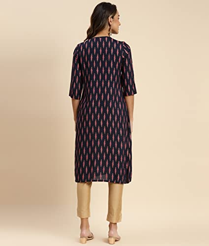 Image of rangita Navy Rayon Calf Length Printed Straight Kurti for Women | Kurta for Women
