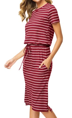 Image of Simier Fariry Womens Summer Hide Belly Knee Length Travel Dress Pocket Short Sleeve Midi Work Casual Outfits