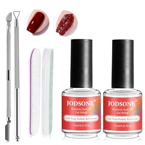 Image of JODSONE Gel Nail Polish Remover Kit, 2Pcs 15ML Quick Soak-Off Gel Remover, Nail Sanding Strips & Cuticle Steel Pushers, Professional At-Home UV Gel Nail Removal Tools Set