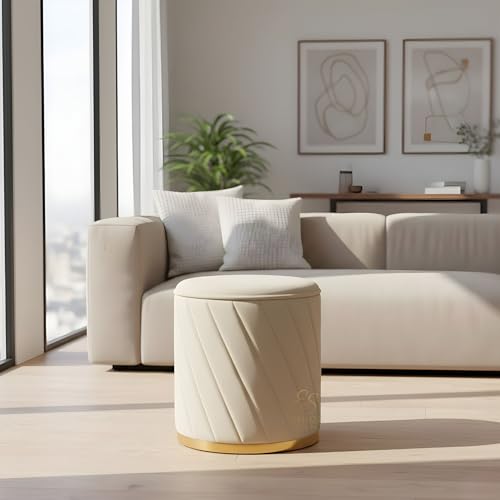 Image of Luxury Round Velvet Ottoman Stool with Gold Base - Modern Upholstered Footrest Pouffe, Tufted Vanity Seat, Living Room Bedroom Dressing Stool (Cream-2)