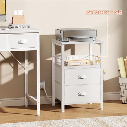 Image of Furologee Nightstands Set of 2, Night Stands with Charging Station, Side Tables with 2 Fabric Drawers, End Tables with Storage Shelves, for Bedroom, White