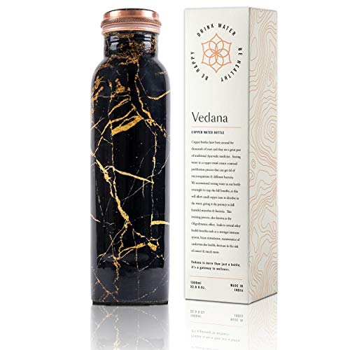 VEDANA Ayuverdic Premium Pure Copper Water Bottle | 1L Stylish Black Marble Copper