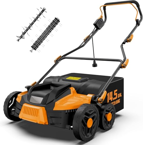 TIECTOWN 16-Inch 15.5 Amp 2-in-1 Electric Dethatcher and Scarifier with 14.5-Gallon Removable Thatch Collection Bag, Lawn Dethatcher with 5-Position Adjustment, Quick-Fold, Keeps Lawn Healthy - Orange