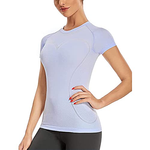 Leoyee T-Shirt de Femme Vêtement Yoga T Shirt Sport Manches Manche Courte sans Coutures Fitness Chemise Sportswear Cover