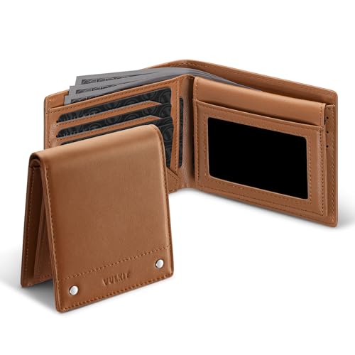 VULKIT Men's Bifold Wallet Genuine Leather Wallet RFID Blocking with Multiple Card Slots and Double ID Windows Everyday Carry Wallet