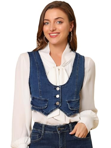 Chaleco de mezclilla para mujer estilo casual vintage sin mangas color azul oscuro L