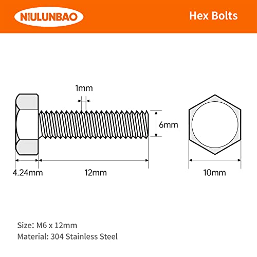 Image of M6-1.0 x 12mm Heavy Duty Hexagon Bolts Hex Head Screws, 304 Stainless Steel, Metric Machine Fully Thread, Bright Finish, Quantity 50PCS