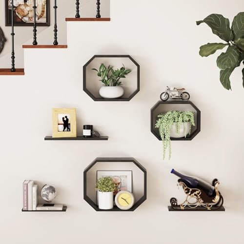 Image of Wall Mounted Floating Shelves Set of 6, Multipurpose Display, Book, Storage & Decor Shelves, Octagon Shape Wooden Wall Shelf for Living Room, Bedroom, Kitchen (Black)