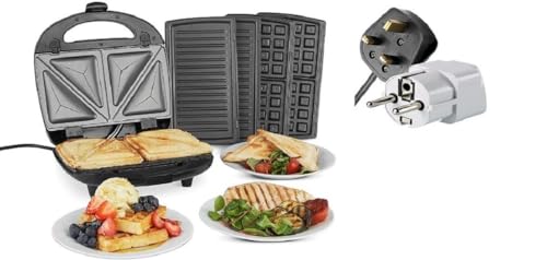 Vonshef 220 240 Volts 3 in 1 Sandwich/Panini Maker, Waffle Iron & Grill with Removable Plates - 700W - Stainless Steel | Bundle With Dynastar Plug Adapters | 220v 240v (NOT FOR USA)