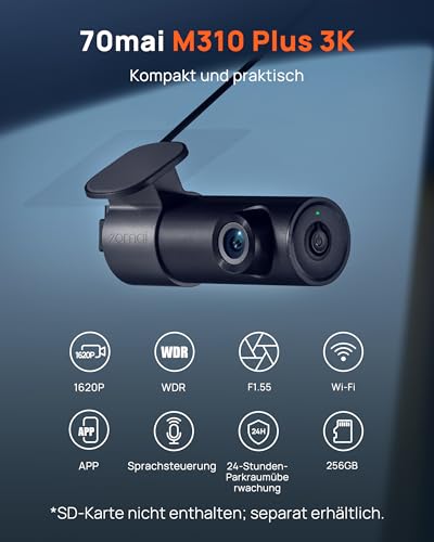 70mai M310 Plus 3K Mini Dash Cam für Autos, 1620P WDR WiFi Autokamera, Super Nachtsicht, 24-Stunden...
