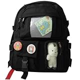 Mochila escolar Infantil e juvenil, Bolso Frontal, Alças Acolchoadas, grande capacidade, ursinho e broches, ideal para crianças de 6 a 13 anos (PRETO)
