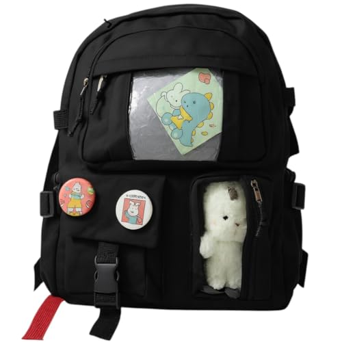 Mochila escolar Infantil e juvenil, Bolso Frontal, Alças Acolchoadas, grande capacidade, ursinho e broches, ideal para crianças de 6 a 13 anos (PRETO)