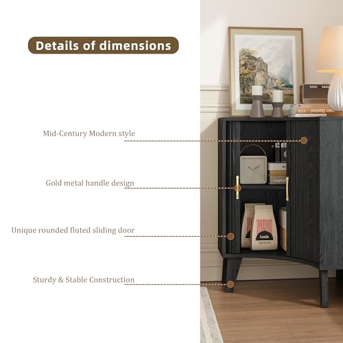 Image of Fluted Corner Cabinet, Small Corner Floor Cabinet with 2-Sliding Doors and Adjustable Shelves, Freestanding Narrow Organizer for Small Space,Living Room, Dining RoomBathroom.Black