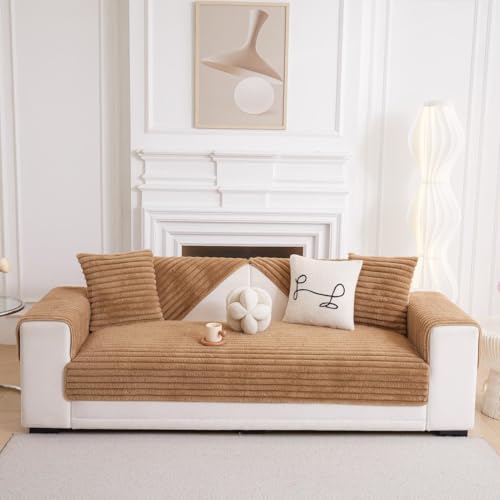 Image of HOMETHREADS 600GSM Thick & Soft Rabbit Fur Plush Sofa Cover-Luxurious Cozy Slipcover, Washable & Pet-Friendly, Anti-Scratch Protector for Sofas (Faux Linning Brown, 2Pc Armrest | 70x50cm)