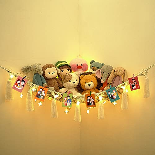 Image of Mingtex Macrame Toy Hammock Net - for Stuffed Animals and Plush Toys, Soft Net Corner Storage with LED Star Light String and Wooden Photo Clips, Corner Hanging Netting with Tassels for Room, White