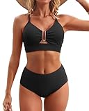 Charmo High Waisted Ribbed Full Coverage Bikini Sets for Women Cut Out Criss Cross 2 Piece Swimsuit Black M
