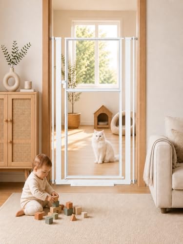 56 High Extra Tall Cat Gate 29.5-33.46 Wide Clear Acrylic Baby Gate for Doorways Stairs No Drilling Pet Safety Gate Indoor Metal Frame Transparent Door for Cats- White