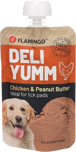 Flamingo Snack Deli Yumm Pasta mit Huhn und Erdnussbutter – 90gr, Gesunder Flüssigsnack für Hunde, Perfekt für Leckmatten