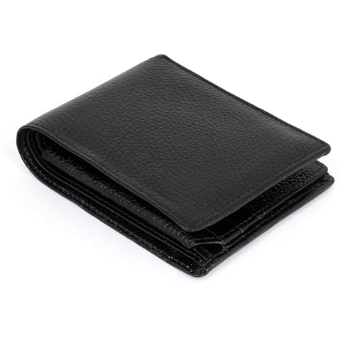 Image of 100% Full Grain Nautral Genuine Pure Original Buff Leather Purse Wallet for Man Mens with Coin Pockets Bifold. 6 Card Slots, 2 Currency Slots, 1 ID Window & 2 Hidden Pockets (Black)