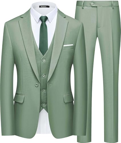 WULFUL Men’s Slim Fit Suit One Button 3-Piece Blazer Dress Business Wedding Party Jacket Vest & Pant