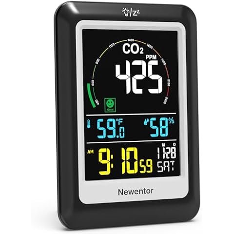 Newentor CO2 Monitor, Indoor Air Quality Meters, Carbon Dioxide Detector with Voice Alert, Large Display CO2 Tester, Temperature Humidity Sensor, Alarm Clock for Home, RV, Grow Tents, Black Cover