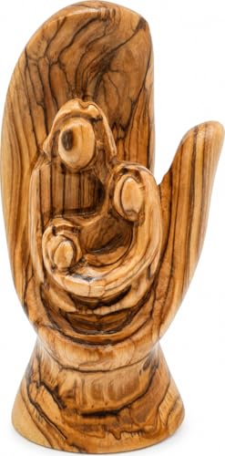 Zuluf Olive Wood Hand of God Holding Holy Family Statue 5.7 Inch, Hand-Carved Bethlehem Divine Providence Sculpture with Mary Joseph and Baby Jesus, Catholic Christian Wedding Housewarming Gift