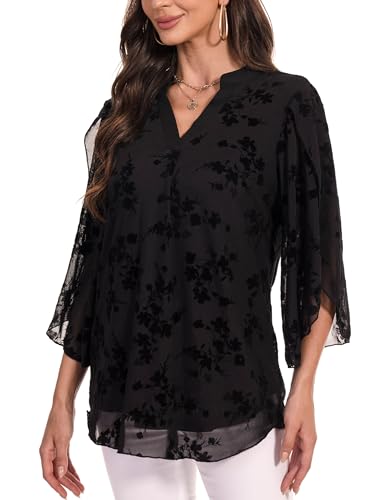 Gyabnw Blusas Manga 3/4 Mujer Camisa Elegante con Cuello en V Camisa de Malla de Doble Capa Bata de Verano Ropa Diaria