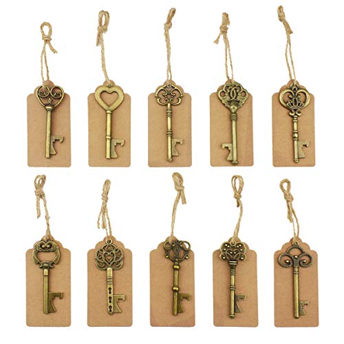 Schlüssel Flaschenöffner - 50 Stück Schlüssel Flaschenöffner mit Kraftpapier Geschenkanhänger und Schnur für Hochzeit Gefälligkeiten antike rustikale Party Dekoration, Bronze-