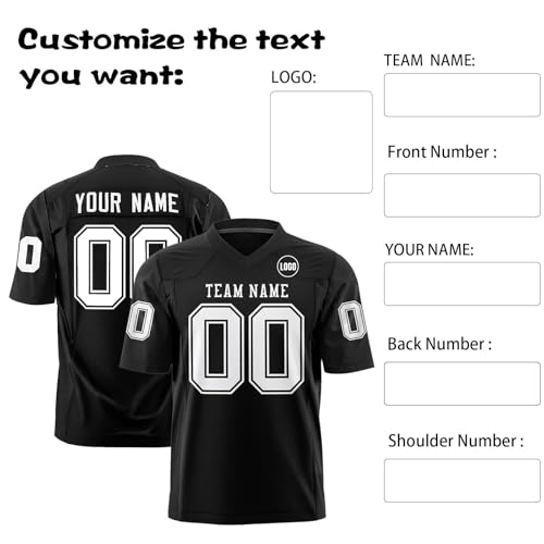 Camiseta de fútbol personalizable con el nombre del equipo, uniforme de rugby, camiseta de fútbol para hombres, jóvenes, mujeres, niños, hombres, camiseta de fútbol americano, 1-negro, S