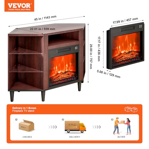 Image of VEVOR Electric Fireplace TV Stand, Corner TV Stand for TVs up to 50 inch, Corner Console with 18 inch Fireplace, Vintage Design, 20 LED Lights, Remote Control & Timer for Living Room, Brown